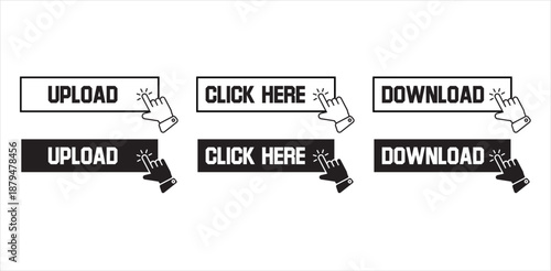 CTA button in black & white. click here button with hand pointer vector icons. click here button, download button, upload button, Download button, Black Color, Website Icon.