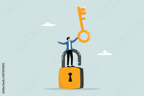 The key to business success or the concept of open business access, entrepreneurs hold the golden key to unlock the device.