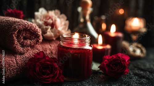 Vintage Valentine’s Day spa still life with candles and red roses on dark background, romantic luxury relaxation concept, moody studio lighting