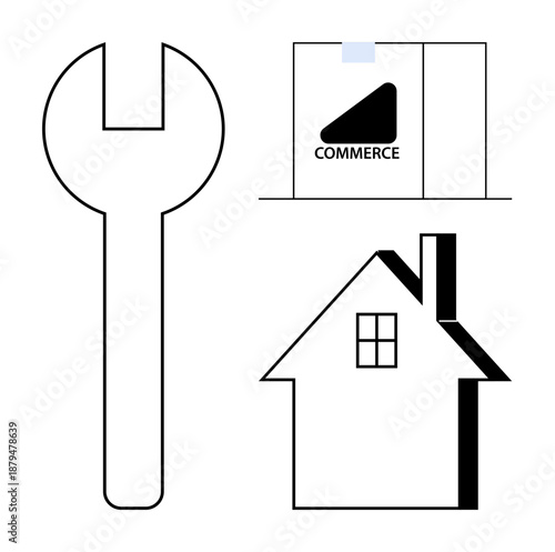 Repair services, online shopping, homeownership, home improvement, construction, e-commerce. A wrench, shopping bag labeled commerce and a house graphic. Repair services and online shopping concept
