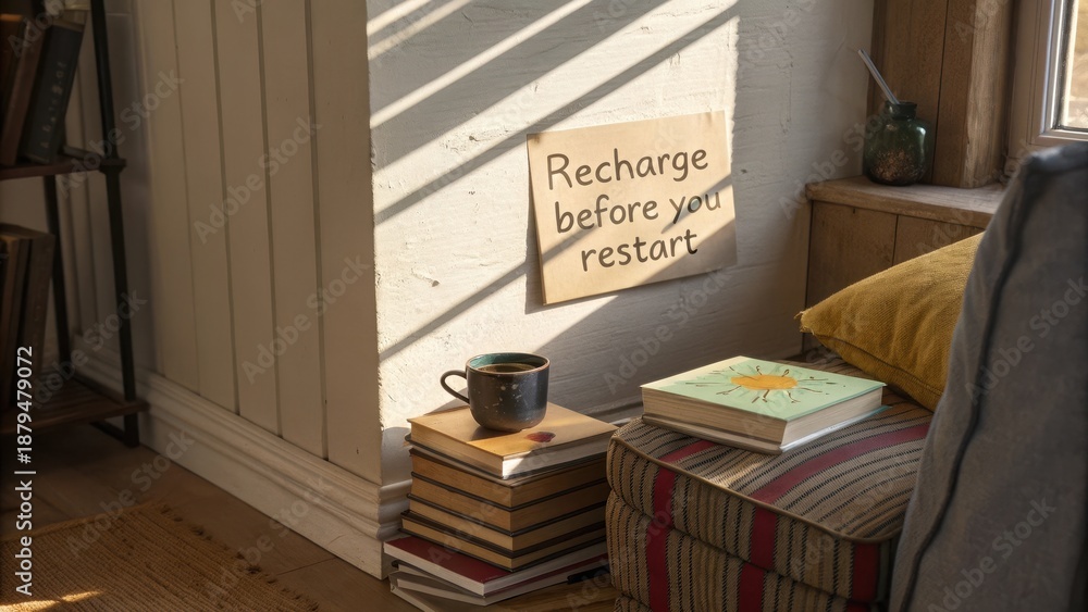 © MuhamadNoorHazwan - Cozy reading nook with coffee and books in sunlight © MuhamadNoorHazwan - Cozy reading nook with coffee and books in sunlight