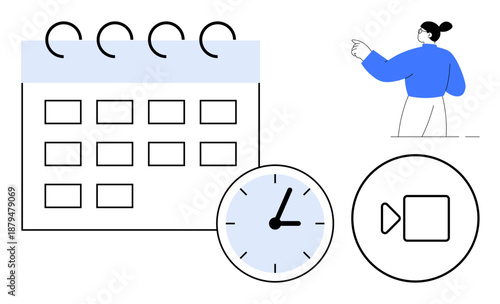 Time organization, appointment planning, remote meetings, reminders, business schedules, workflow management. Calendar, clock video call icon and a pointing woman illustration. Time organization
