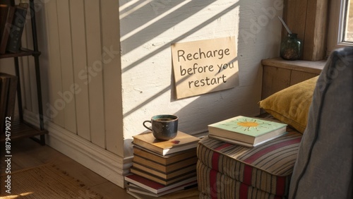 Cozy reading nook with coffee and books in sunlight