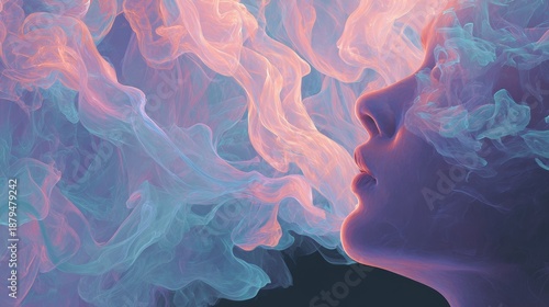 Artistic Profile of Woman Face Created from Pink and Purple Smoke