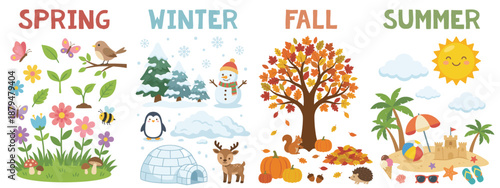 Four seasons illustration set. Spring summer fall winter vector icons. Cute educational seasonal elements for kids learning posters and prints.