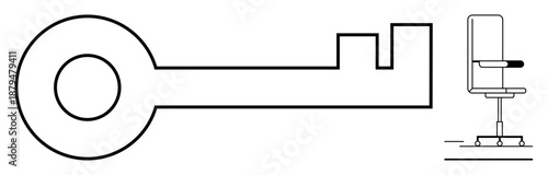Security access, workplace design, digital key concepts, access control, minimalism, modern office. Outline of a key beside an office chair. Security access and workplace design concept