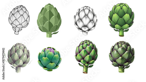 A Diverse Collection of Artichoke Illustrations Showcasing Varied Artistic Styles and Detail Levels, from Elegant Line Art to Richly Shaded Designs on a White Background