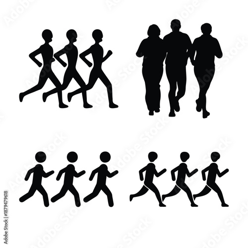Diverse silhouettes of people engaged in various forms of running and walking activities