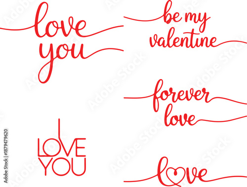 Red Continuous One Line Love Typography Set – Minimal Romantic Lettering