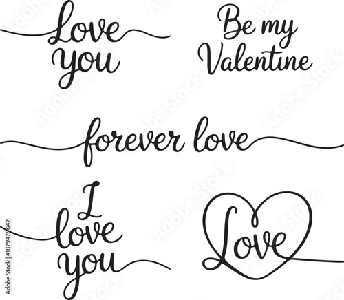 Continuous One Line Love Typography with Heart – Minimal Romantic Line Art Set