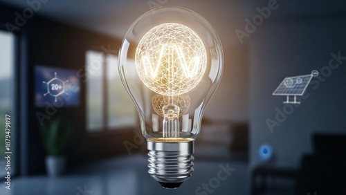 Glowing light bulb with innovative technology in a modern living room with smart home devices