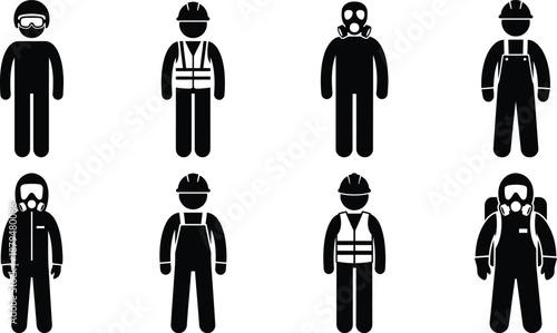 Collection of industrial worker icons in silhouette with safety gear