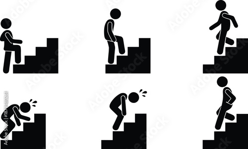 Stick figure man ascending and descending stairs with varying difficulty