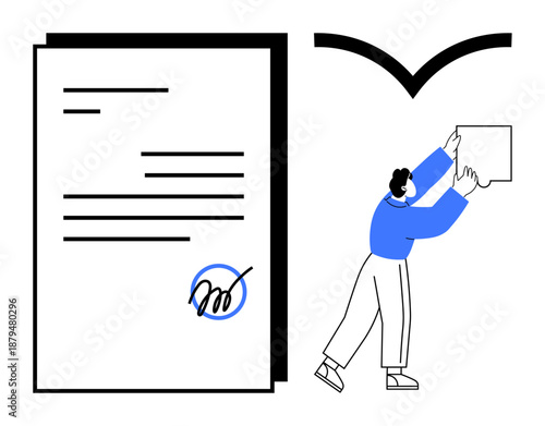 Document management concept. Document with digital signature and person uploading data. Document streamlining, secure filing, digital organization, e-signature authentication. For business, finance