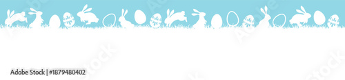 Seamless easter meadow panorama, bunny and egg silhouettes, grass vector border, easter spring banner