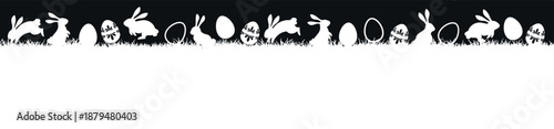 Seamless easter meadow panorama, bunny and egg silhouettes, grass vector border, easter spring banner