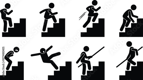 Stick figure climbing and falling down stairs illustration