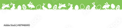 Seamless easter meadow panorama, bunny and egg silhouettes, grass vector border, easter spring banner