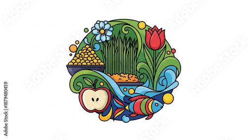 Colorful Illustration of Fruits and Flowers in Whimsical Style