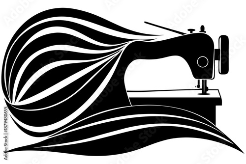 Modern Fashion Sewing Machine Silhouette with Flowing Thread in Creative Studio Style