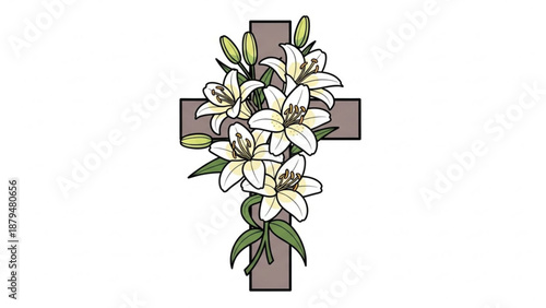 White Lilies on Brown Christian Cross Isolated on White Background
