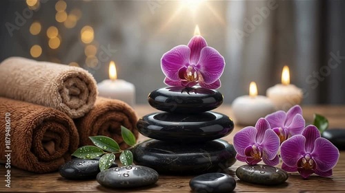 Spa Still Life with Massage Stones, Orchid Flower, and Candles, Spa Relaxation Scene with Massage Stones, Orchid, and Candles