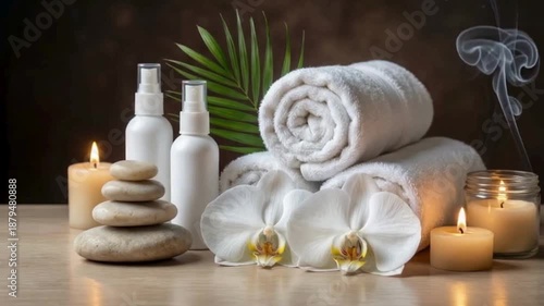 Spa Still Life with Massage Stones, Orchid Flower, and Candles, Spa Relaxation Scene with Massage Stones, Orchid, and Candles