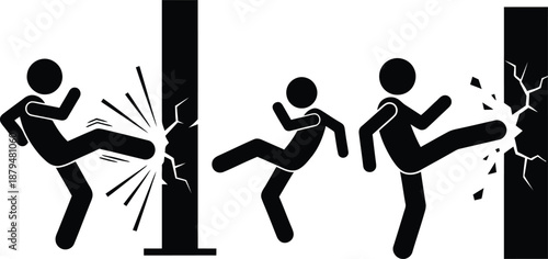Stick figures kicking through walls demonstrating strength and impact