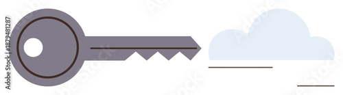 Digital security, data storage, online access, cloud computing, encryption, cybersecurity. Key shape next to a cloud icon. Digital security and cloud computing concept