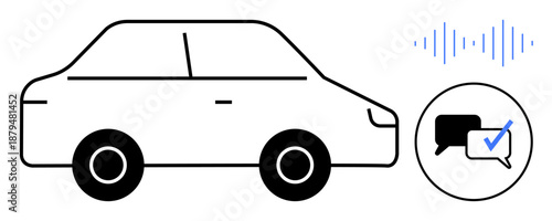 Sedan with minimal details, soundwave indicating voice activation, verified chat bubble symbolizing communication. Ideal for technology, AI, automotive, voice control, automation, innovation