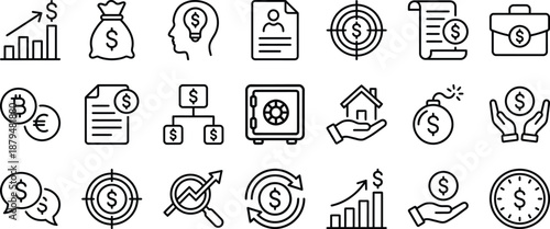 Finance and business icon set in outline style, growth charts, money bags, targets, currencies, and security concepts