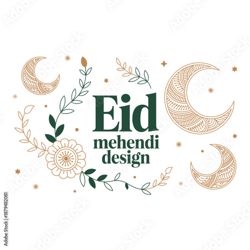 Eid mehendi design with floral and crescent moon elements in green and gold