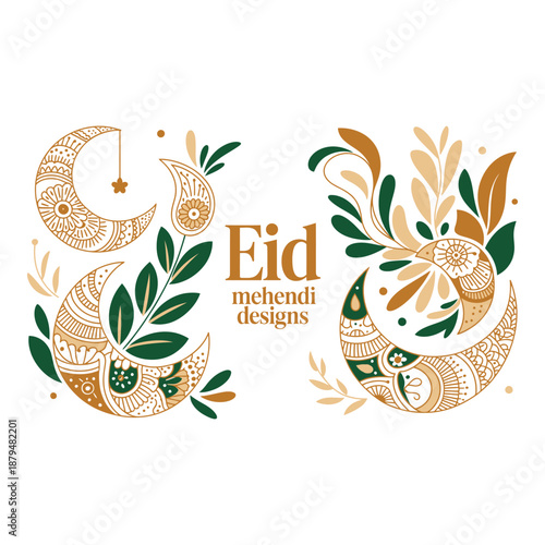 Elegant eid mehendi designs featuring crescent moon and floral patterns in gold and green