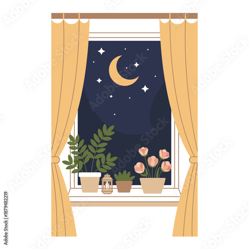 Peaceful night scene with moon and stars visible through the window with curtains and potted plants on the sill