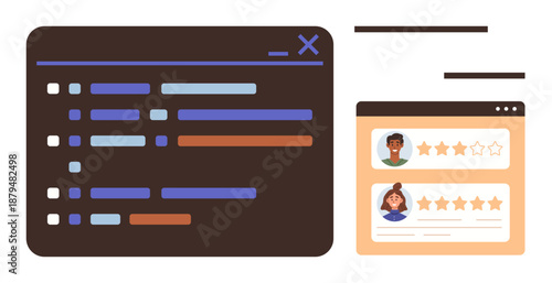 Web development, UI design, coding, user feedback, tech projects, customer reviews. Visual features include a code editor and feedback page layout. Web development and UI design concepts