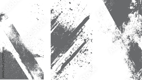 Grunge overlay texture set with distressed stains and abstract paint splashes. Vector grunge design elements featuring ink splatter graffiti and brush marks. 