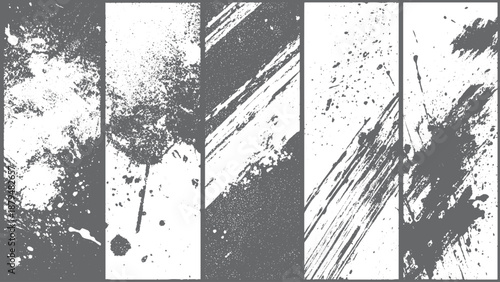 Grunge overlay texture set with distressed stains and abstract paint splashes. Vector grunge design elements featuring ink splatter graffiti and brush marks. 