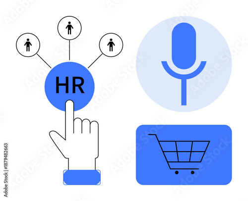 Human resources, voice recognition, e-commerce, business tech, career services, online shopping. Hand points to HR icon with connected people, microphone icon and shopping cart. Human resources