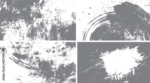 Vector black grunge stains with liquid splash and graffiti texture elements. Distressed textured banner elements with halftone dots and screen print effect. 