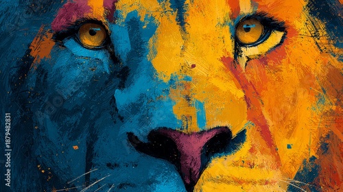 Abstract Artistic Close Up Painting of Blue and Yellow Tiger Face