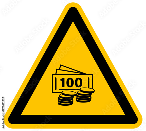 Cartel de advertencia de finanzas con billetes de cien y monedas icono de dinero y economía ilustración vectorial