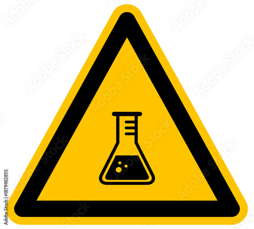 Señal de advertencia de laboratorio químico con matraz y burbujas icono de peligro de sustancias ilustración vectorial