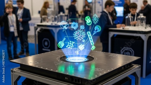 Wallpaper Mural Innovative technology exhibition with glowing blue icons and people in business attire interacting in the background Torontodigital.ca