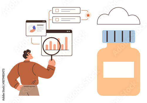 Data visualization, cloud computing, business analytics, pharmaceutical management, health data, market trends. Person analyzing graphs and data. Data visualization and cloud computing concept