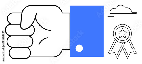 Achievement, success, recognition, motivation, problem-solving, leadership. A fist in a blue sleeve alongside an award ribbon and cloud. Achievement and success concepts