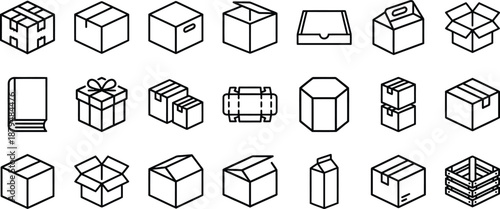 Packaging and box icons, comprehensive collection, line style with open boxes, closed cartons, gift packages, milk cartons, and stacked shipping containers