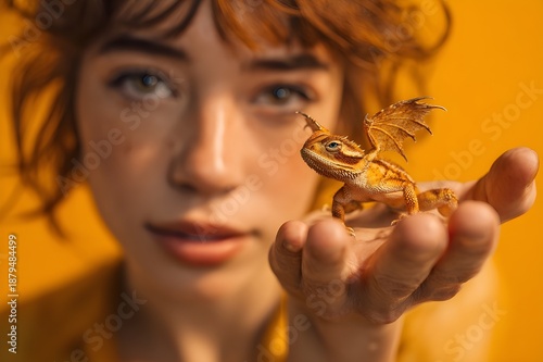 Ultra-photorealistic editorial portrait of dynamic depth composition, woman in background hands outstretched towards camera, holding a small, fully reptilian realistic dragon baby