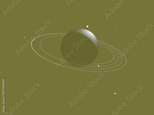 Minimalist abstract planet with rings and moons on olive green background