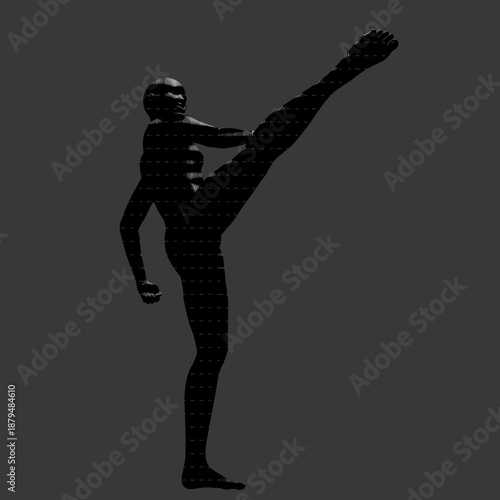 Abstract halftone silhouette of a person performing a high martial arts kick