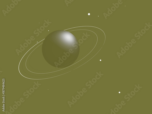 Minimalist abstract planet with rings and moons on olive green background